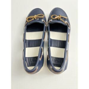 Crocs Beach Nautical Line Boat Navy White Slip On Loafer Leather Laces Sz 8